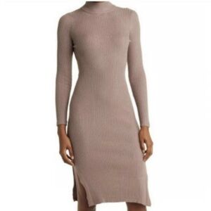 M Magaschoni Taupe Mock Neck Bodycon Midi Sweater Dress Medium